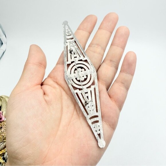 Vintage Silver Tone Art Deco Filigree Rhinestones Brooch Bar Pin - Picture 3 of 7